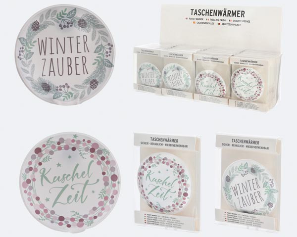 Hand-held heated cushions with winter sayings, 9x9x0.5cm, ro