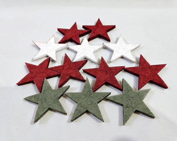 Decorative felt stars, set of 12, each 5x4.6cm, packaged in