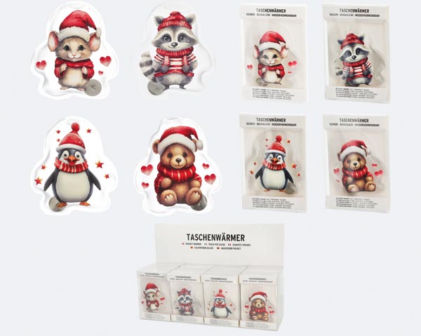 Hand-held heated cushions with Christmas animal designs, 4/s