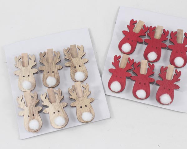 Wooden clip w. moose head, 4,5x2,7cm, set of 6