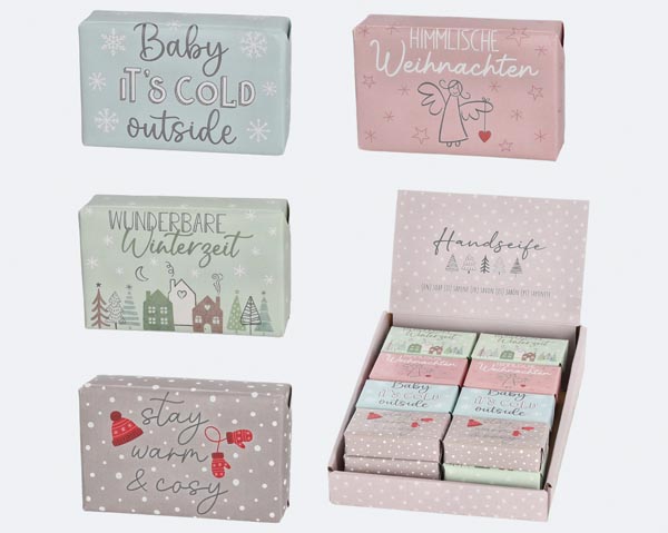 Soap bar with Christmas saying, 4/s approx. 100g, 8x5x2cm in