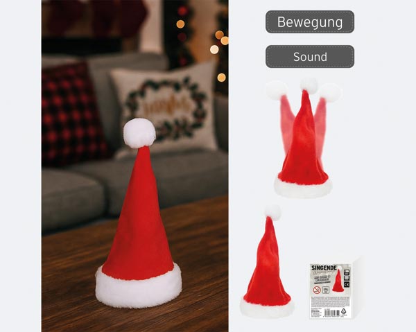 Singing Santa hat, approx. 18x8cm, with sound and movement,