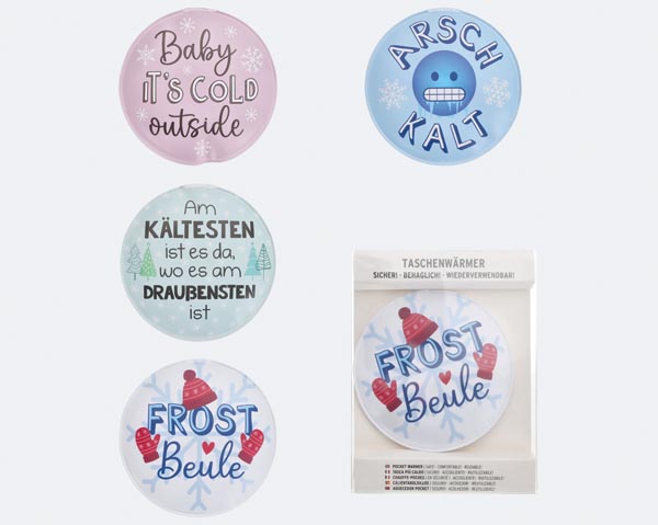 Handheld heating pad with sayings, 9x9x0.5cm, round, assorte