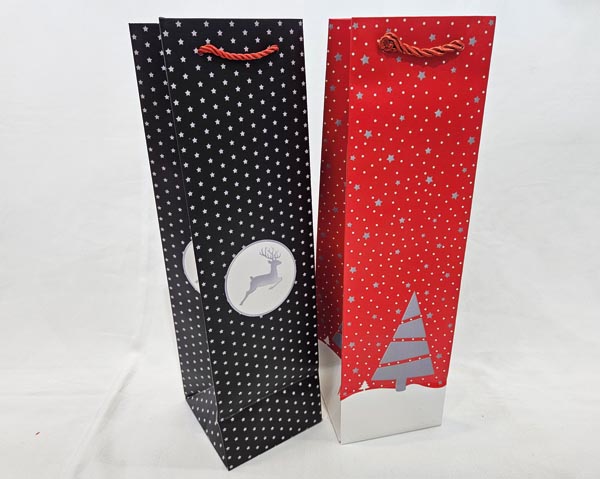 Geschenkflaschentüte 38x11cm, 210 gsm, 2 Designs sort., matt