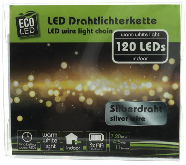 LED Drahtlichterkette, silber, 120 LEDs,
