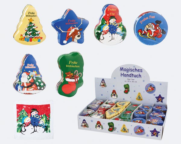 Magic Christmas towel, 6 assorted designs, 30x30cm, 100% cot