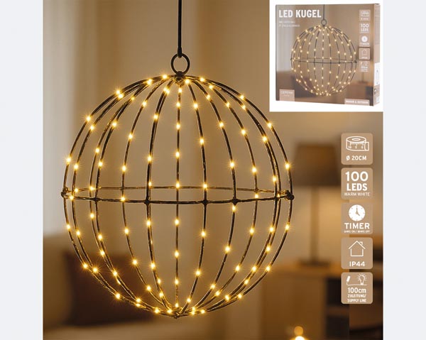LED Ball, black, 100 LEDs, 20cm diameter, iron/plastic, 100