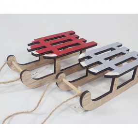 Wooden sledge 15x7x5cm,w. cord, red/grey ass.